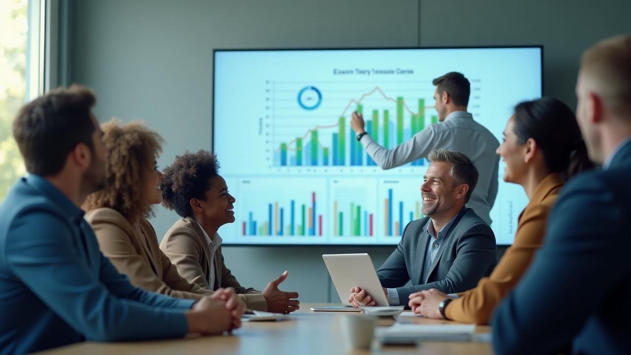Diverse group of people collaborating happily around a digital financial dashboard, symbolizing financial literacy and empowerment