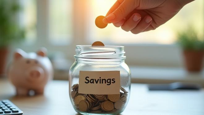 Person carefully placing coins into a glass jar labeled 'Savings', illustrating smart money saving strategies.